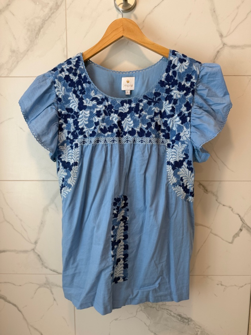 J. Marie Sky Blue Embroidered Flutter Sleeve Blouse